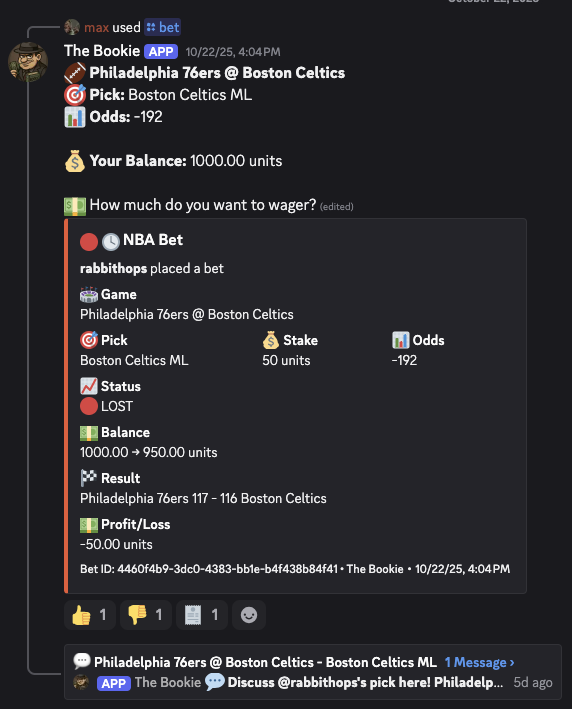 Detailed view of a sports bet placed through The Bookie